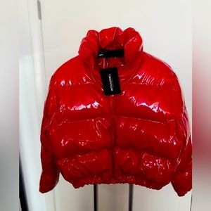 PLT Shiny Red Puffer Coat